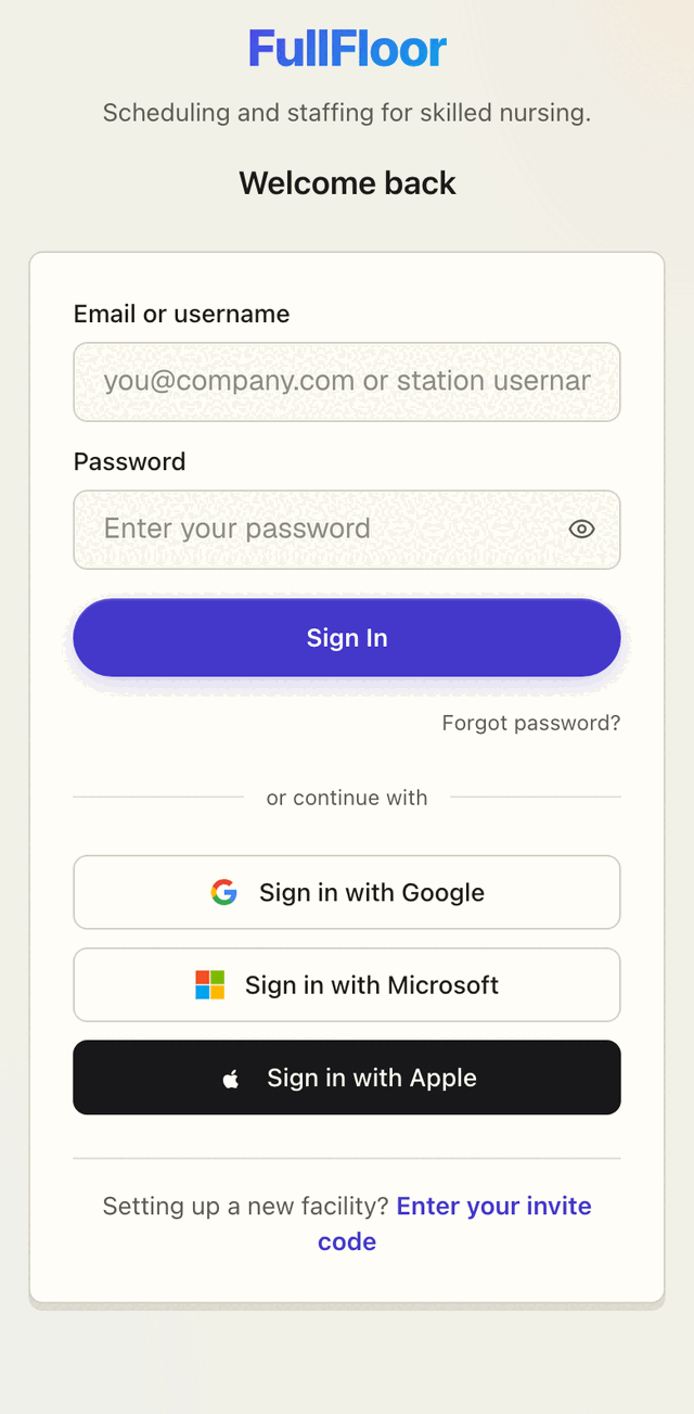 The FullFloor sign-in screen on a phone.